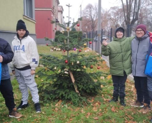 tak jsme se dali do zdobení stromečku před školou